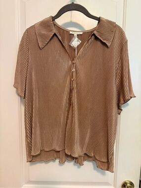 Baevely Pleated Tan Short-Sleeve Button Front Blouse